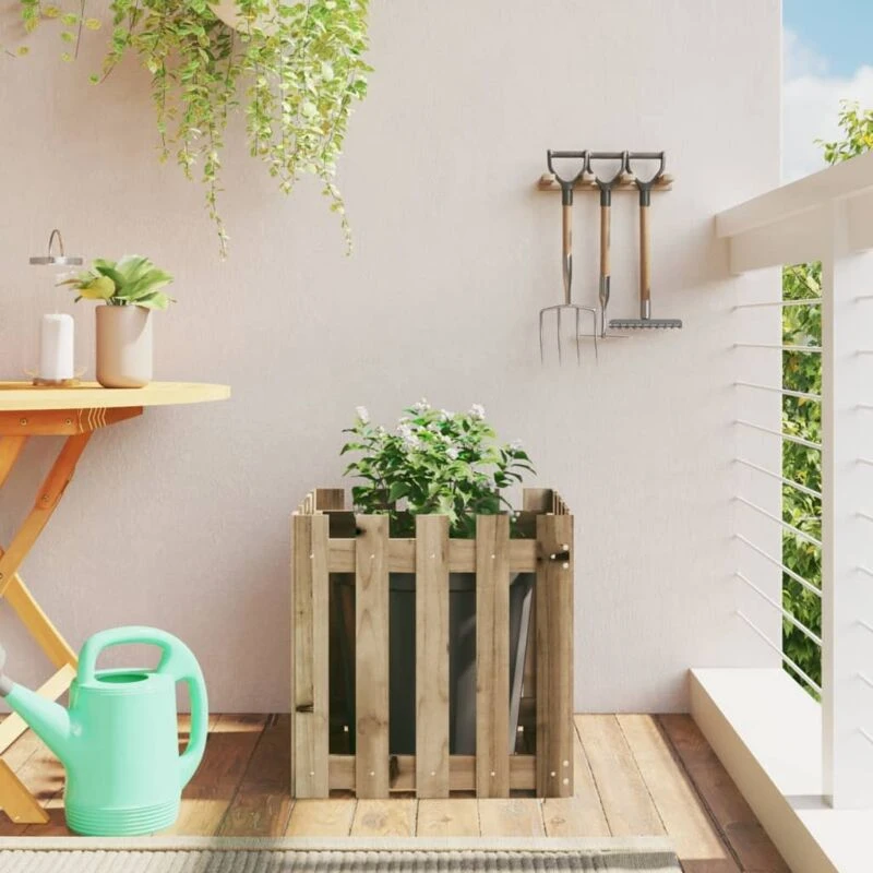 Image of vidaXL Garden Planter w/ Fence Design 50x50x50cm Impregnated Wood Pine, Brown 832456