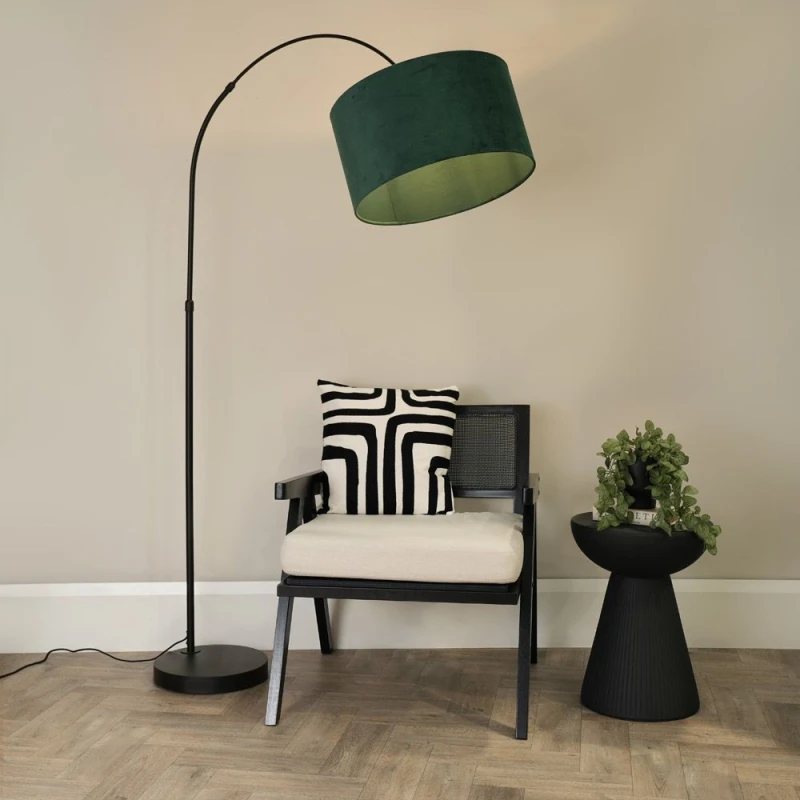 Image of ValueLights Louis Black Arched Curved Floor Lamp with Velvet Drum Lamp Shade and LED Bulb Bottle Green