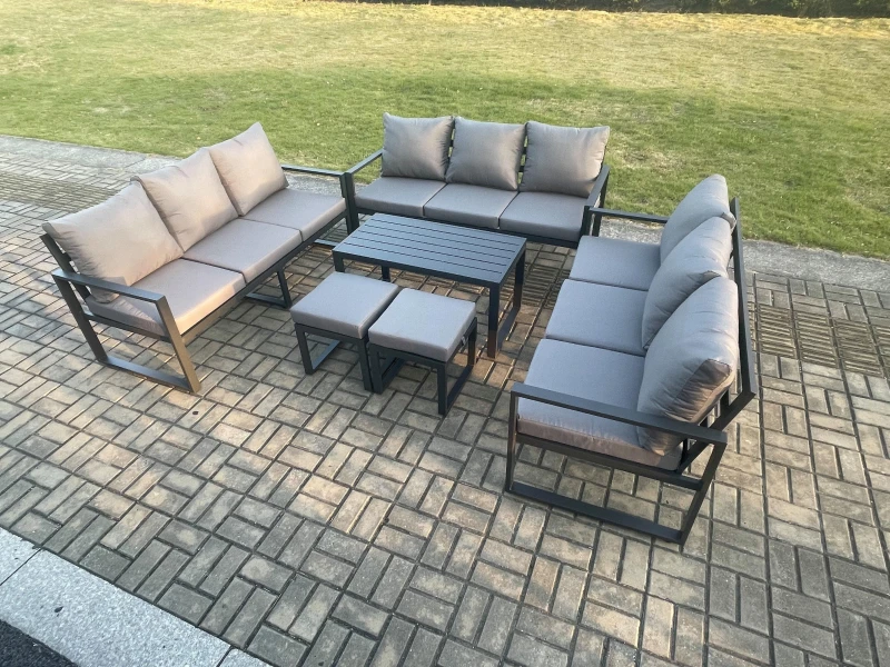 Image of Fimous Aluminium 11 Seater Outdoor Garden Furniture Set Lounge Sofa Oblong Coffee Table 2 Small Footstools Sets with Cushions Dark Grey Dark Grey Unis