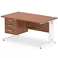 Image of Dynamic Rectangular Office Desk Walnut MFC Cable Managed Cantilever Leg White Frame Impulse 1 x 3 Drawer Fixed Ped 1400 x 800 x 730mm