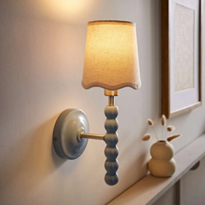 Image of ValueLights ValueLights Bobbins Pastel Bobble Wall Light and Natural Linen Trim Lamp Shade in Pale Blue Pale Blue One Size Unisex 5059406067778
