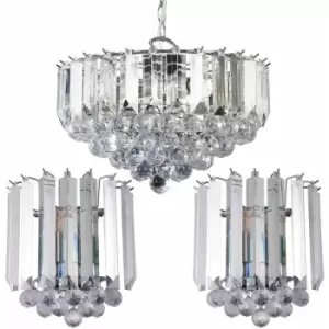 Image of 3 Lamp Ceiling & 2x Matching Wall Light Pack Small Chrome Pendant Acrylic Shade