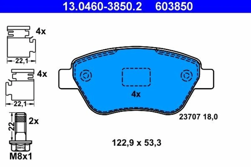 Image of ATE 13.0460-3850.2 Brake pad set excl. wear warning contact, with accessories, with brake caliper screws Brake Pad Set,disc brake (402)