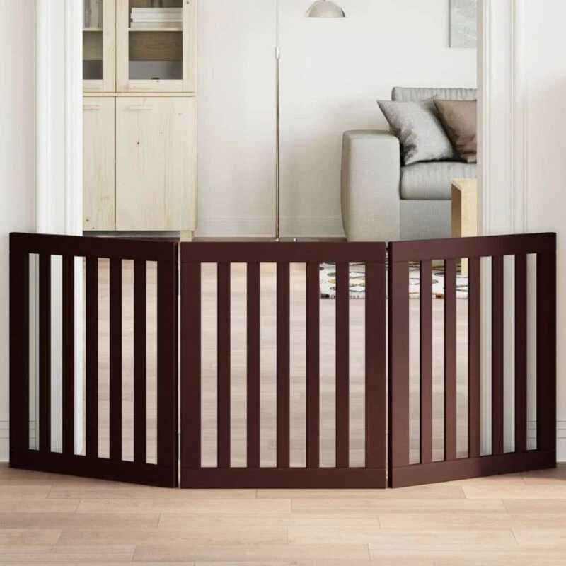 Image of vidaXL Dog Gate Foldable 3 Panels Brown 150cm Poplar Wood, Brown 352260