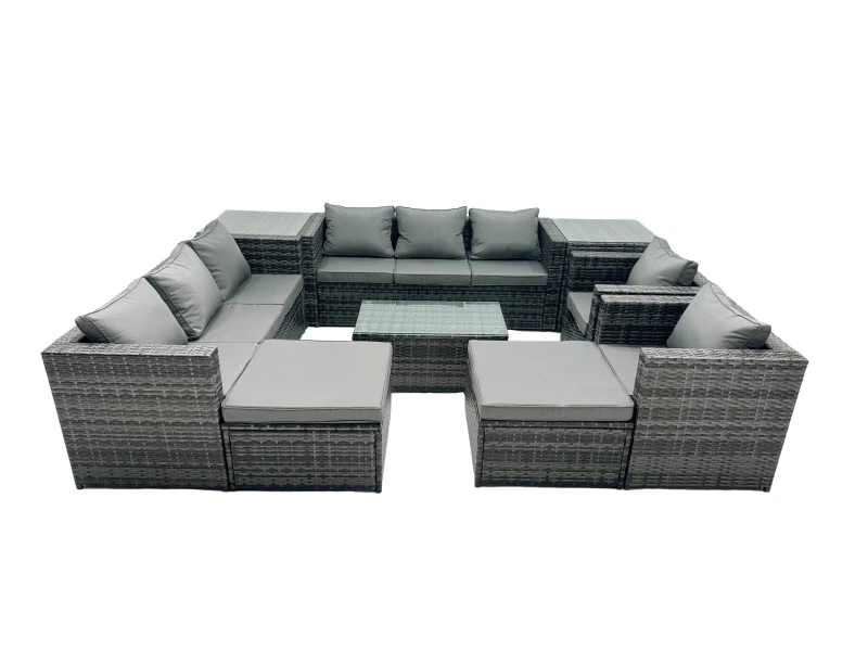 Image of Fimous 10-seater Patio Coffee Table Sofa Set with 2 Big Stools 2 Side Tables in Dark Grey Dark Grey Unisex