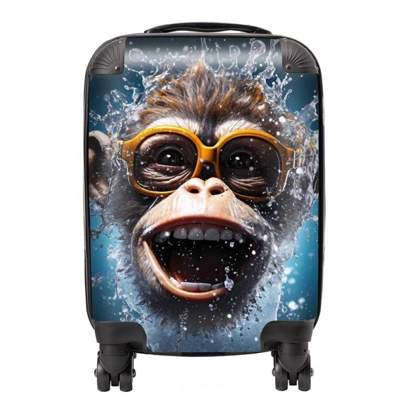 Image of Warren Reed - Designer Splashart Cheeky Chimp Face With Glasses Suitcase in Blue Size: Large Blue Unisex Large