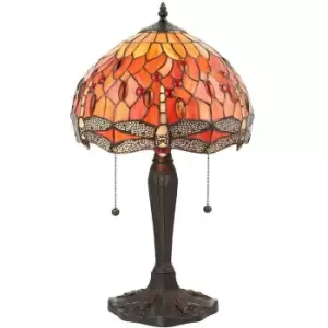 image of Tiffany Glass Table Lamp Light Dark Bronze Base & Orange Dragonfly Shade i00196