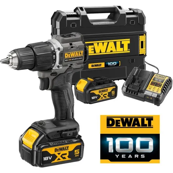 image of DEWALT DCD100 18V XR Brushless Limited Edition 100 Year Combi Drill DEWDCD100P2T-GB Batteries: 2 x 5ah Li-ion