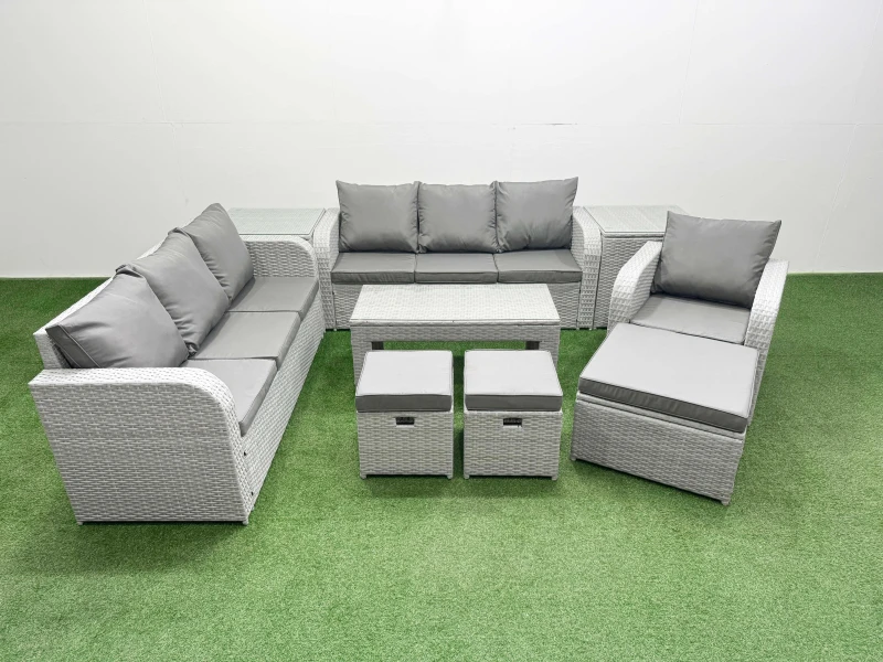 Image of Fimous 10 Seater Poly Rattan Outdoor Garden Furniture Oblong Coffee Table Sofa Set Patio 3 Seater Sofa Reclining Chair 3 Seater Sofa 3 Stools 2 Side T
