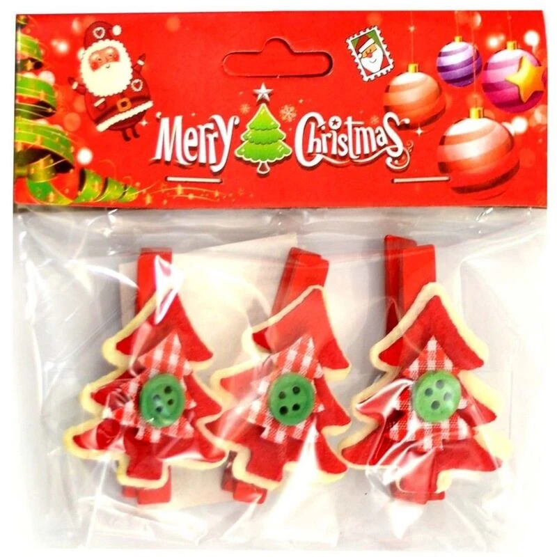 Image of Shatchi 3pcs Wooden Peg Mini Tree Shape Clips Colourful Christmas Decorations, Multi Red