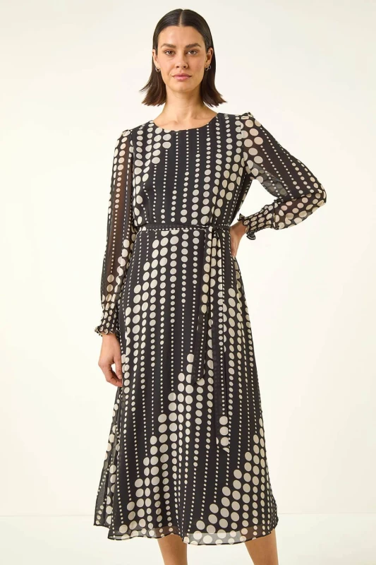 Image of Roman Womens Spot Print Shirred Midi Dress in Black Size: 10 Black Female 10