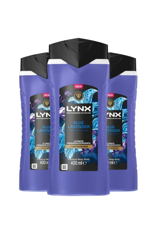 Image of Lynx Mens Blue Lavender Body Wash with 12H Freshness for Men, 400ml 3 Pack in Purple Purple Male