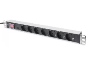Image of aluminum outlet strip with overload protection, 7 safety outlets, 2m supply safety plug