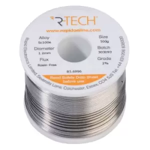 image of R-TECH 856996 SC100e Solder 2% Rosin-Free HF Flux Halide-Free 1.2m...