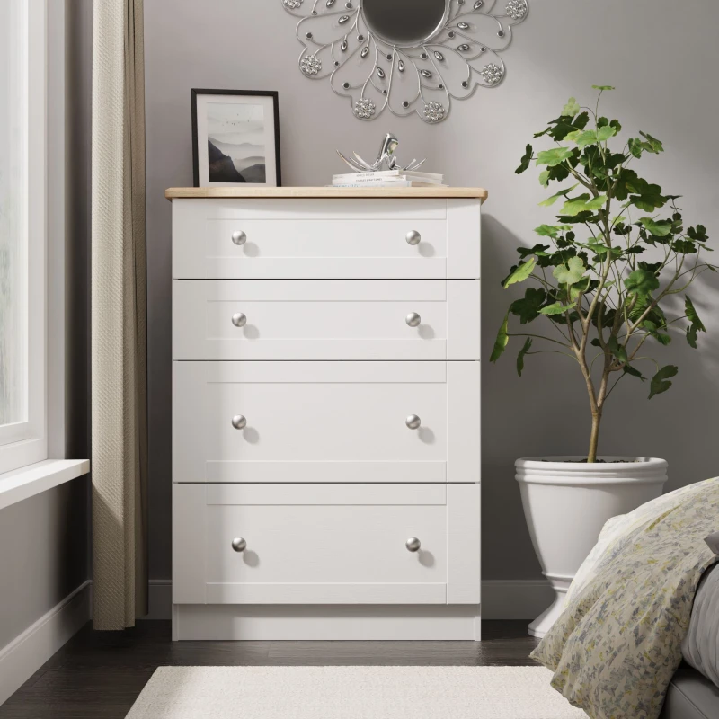 Image of Welcome Furniture Ready Assembled Sussex 4 Drawer Deep Chest In White Ash & Bardolino Oak, White SUS050WABO