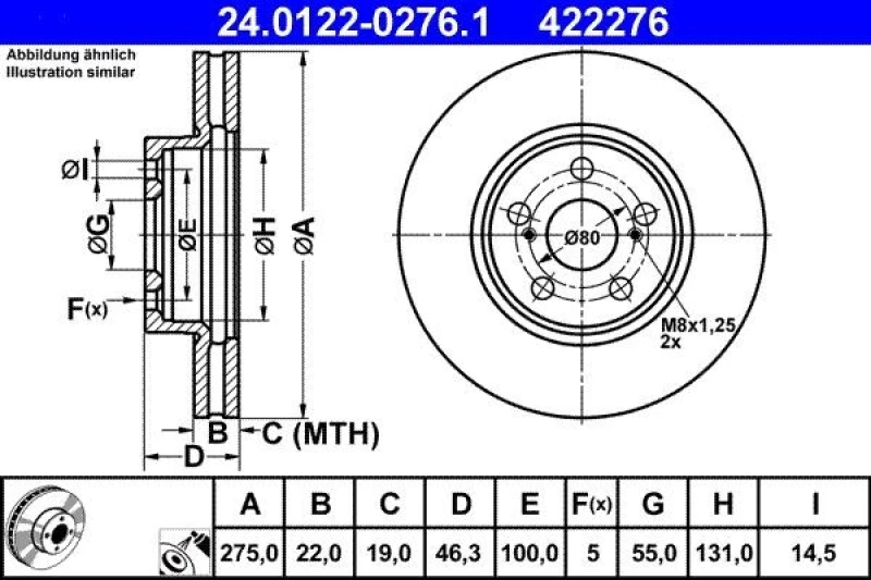 Image of ATE 24.0122-0276.1 Brake disc Vented, Coated Brake Disc (82)