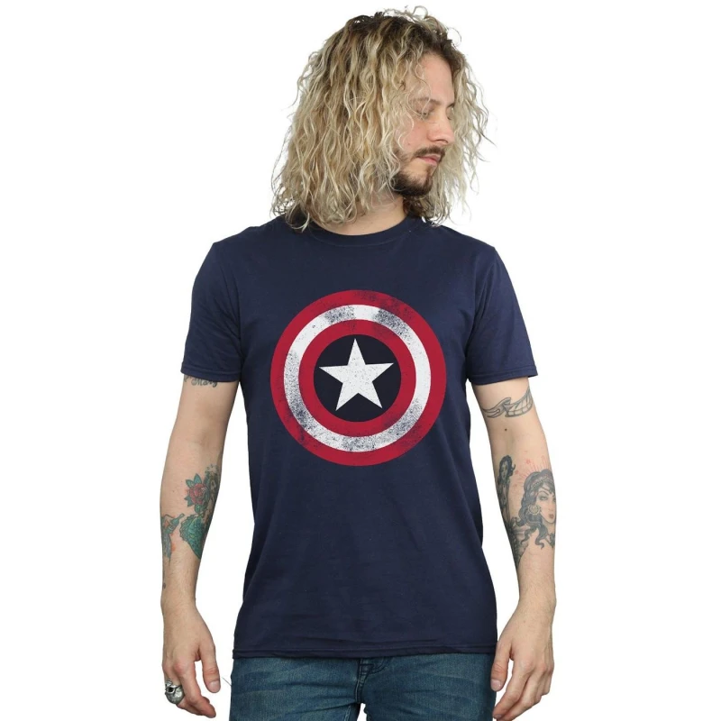 Image of Marvel Marvel Men Captain America Distressed Shield T-Shirt in Navy Size: Small Navy S Male 5055384552824