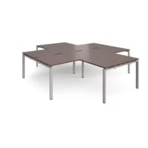 image of Bench Desk 4 Person With Return Desks 2800mm Walnut Tops With Silver Frames Adapt