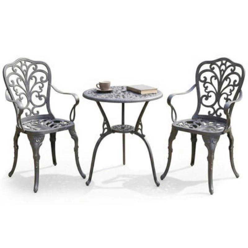 Image of CENTURION SUPPORTS Centurion Supports BANGUI Luxurious Garden & Patio Table & 2 Large Chairs with Armrests Cast Aluminium Bistro Set Grey Bangui 2 Cha