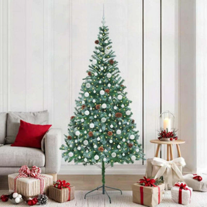 Image of vidaXL Artificial Christmas Tree with Stand, White Balls Green 210cm PVC and Steel, Green 3396726