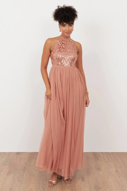 Image of Maya Deluxe Womens Linear Embellished Halter Neck Maxi Dress in Pink Size: 8 Pink Female 8