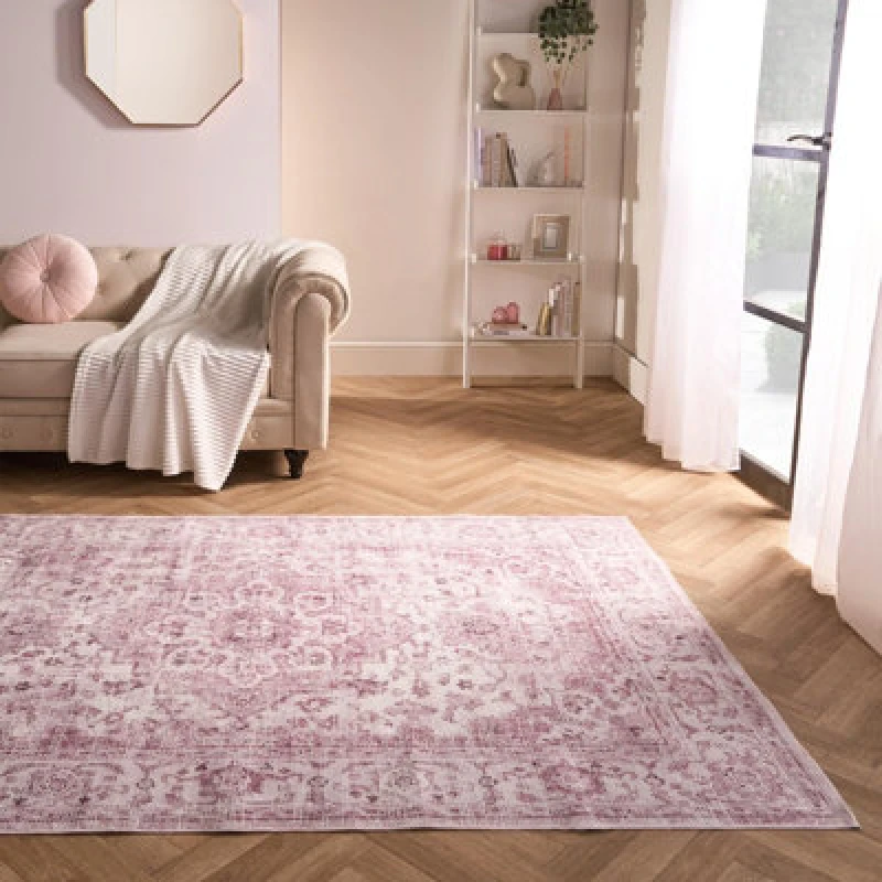 Image of OHS OHS Washable Rug Vintage Living Room Bedroom Decor Non Slip Runners Soft Carpet Mat in Pink Size: 120cm x 170cm Pink 120cm x 170cm Unisex 502743
