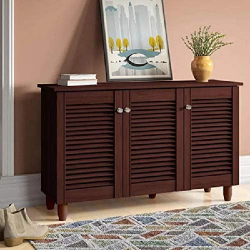 Image of Timber Art Design Modern Shoe Storage Cabinet 3 Doors Footwear Stand Rack Unit Cupboard Dark Wenge