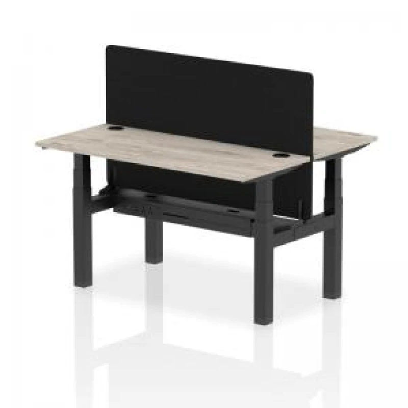 Image of Air Back - to - Back 1400 x 600mm Height Adjustable 2 Person Bench Office Desk Grey Oak Top - Cable Ports Black Frame - Black Straight Screen