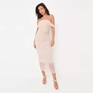 image of Missguided Mesh Bardot Midi Dress - Nude