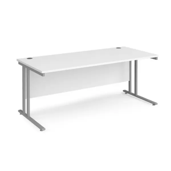 image of Office Desk 1800mm Rectangular Desk With Cantilever Leg White Tops With Silver Frames 800mm Depth Maestro 25