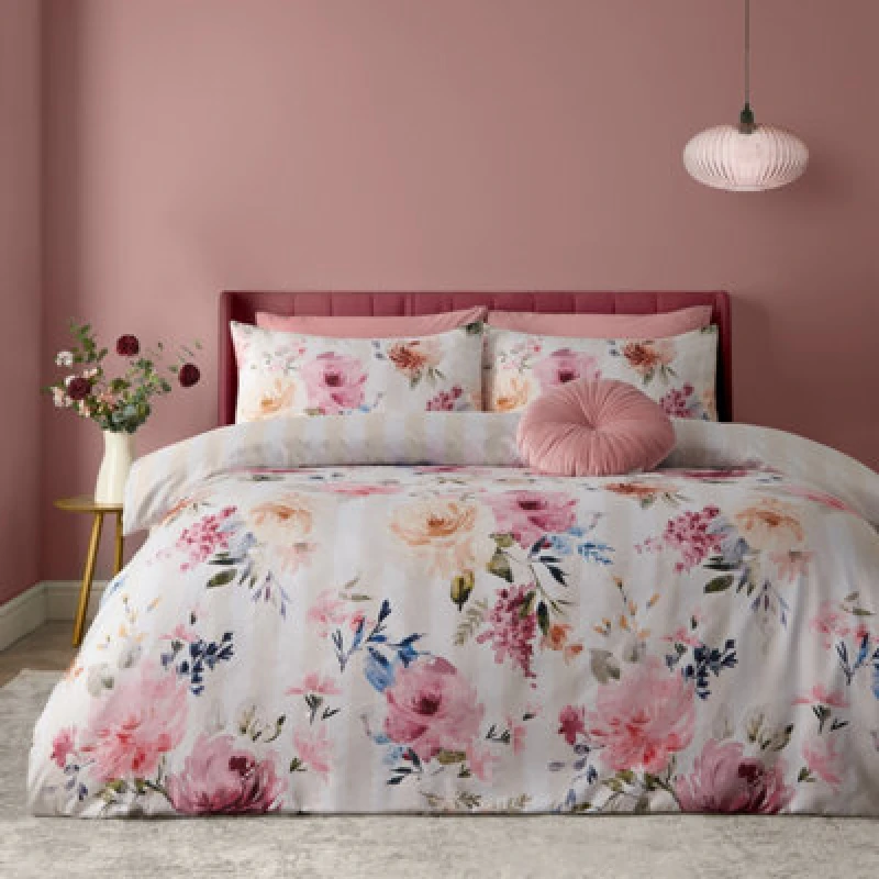 Image of Catherine Lansfield Floral Stripe So Soft Reversible Double Duvet Cover Set With Pillowcases Cream