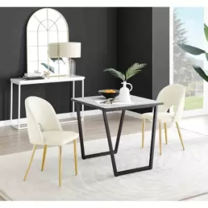 Image of Furniture Box Carson White Marble Effect Square Dining Table and 2 Cream Arlon Gold Leg Chairs