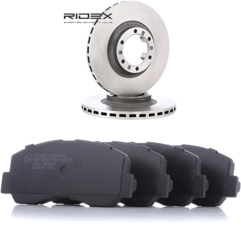 Image of RIDEX 3405B2667 Brake disc and pads set Front Axle, Brake Disc Type: Vented, not prepared for wear warning indicator Brake Set,disc brakes (3405)