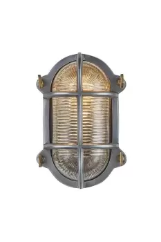 image of Bulkhead Outdoor & Bathroom Oval Light, 6 Inch, Gunmetal, Side Wiring, Ribbed Glass