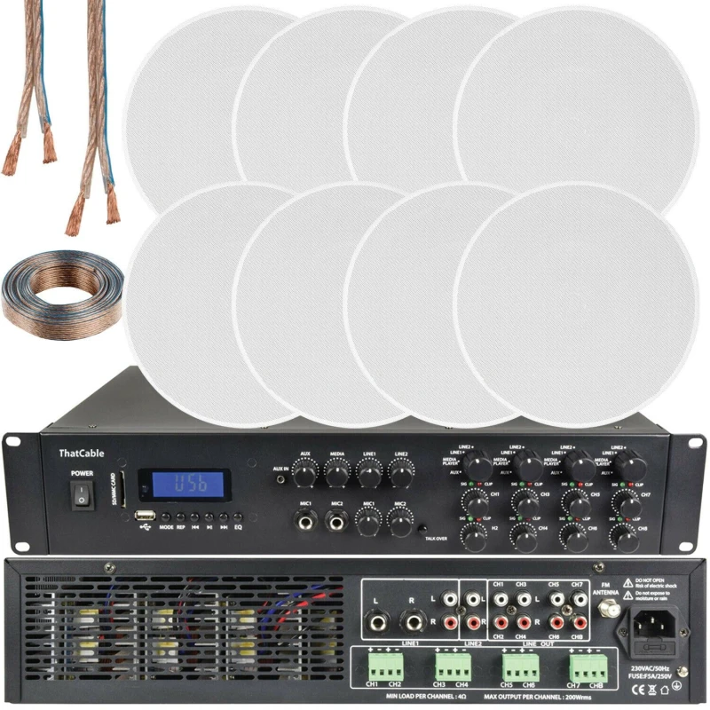Image of Loops 1600W Bluetooth Sound System 8x 120W Slim Ceiling Speaker 8 Zone Mixer Amplifier Multi unisex