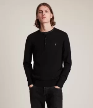 Image of AllSaints Mens Mode Merino Henley, Black, Size: XS