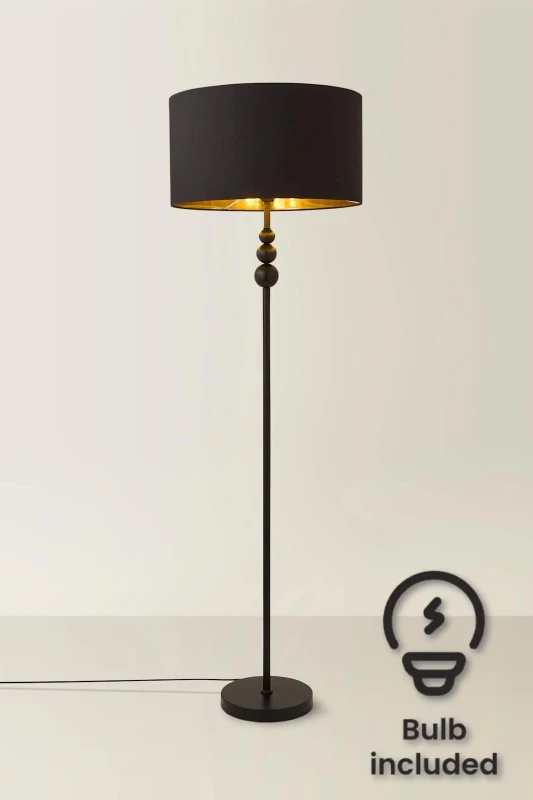 Image of ValueLights Marissa Black and Gold Shade with Black Stacked Ball Floor Lamp with LED Bulb Black