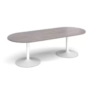 image of Trumpet base radial end boardroom table 2400mm x 1000mm - white base and grey oak top