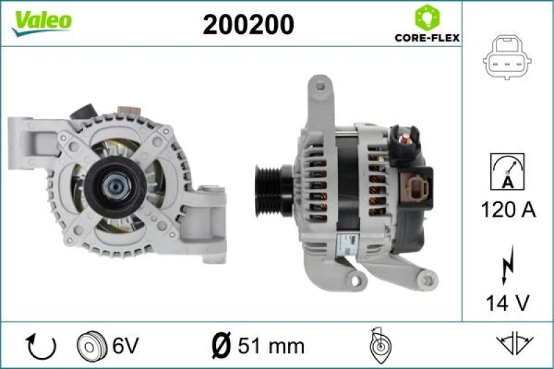 Image of VALEO 200200 Generator VALEO CORE-FLEX Alternator Charging Current: 120A, Voltage: 14V Alternator (4)