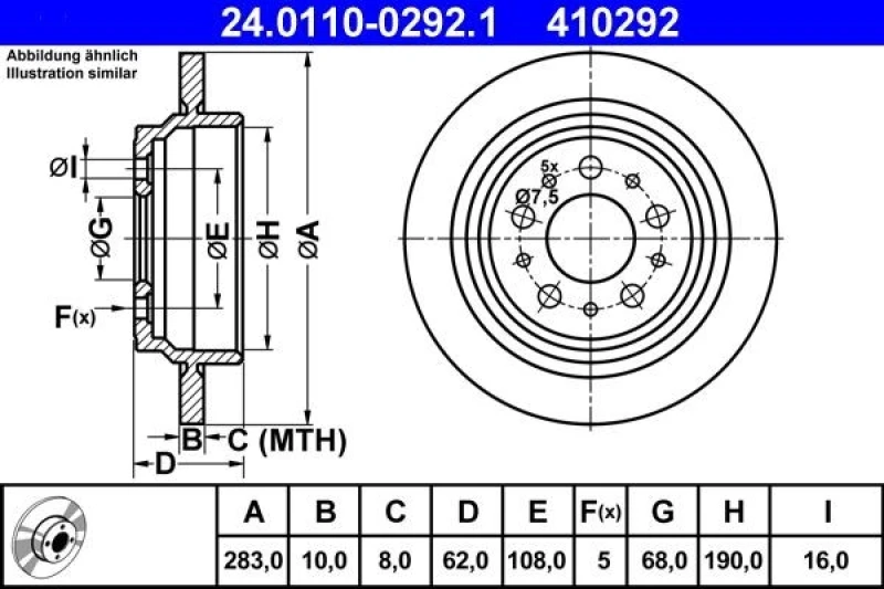 Image of ATE 24.0110-0292.1 Brake disc solid Brake Disc (82)