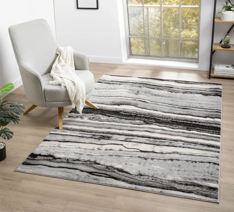 Image of Obsidian Modern Low Pile Area Rug - Coast Waves Abstract Design Grey 200Cm X 290Cm