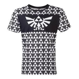 image of Nintendo - Royal Crest Logo With Tri-Force Checker Pattern Mens Large T-Shirt - Black/White