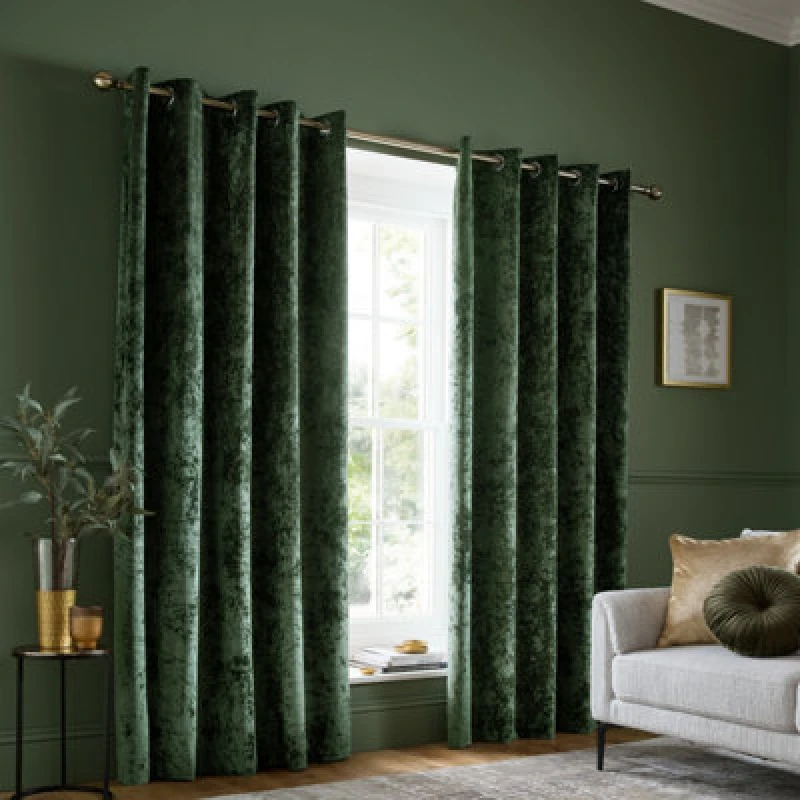Image of Catherine Lansfield Crushed Velvet 46X72 Inch Lined Eyelet Curtains Two Panels Olive Green