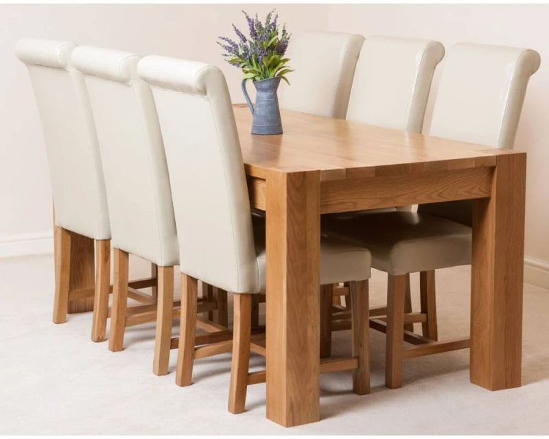 Image of Thats Furniture Kuba 180 x 90cm Chunky Oak Dining Table & 6 Washington Leather Chairs in Cream Cream Unisex 180 x 90 cm