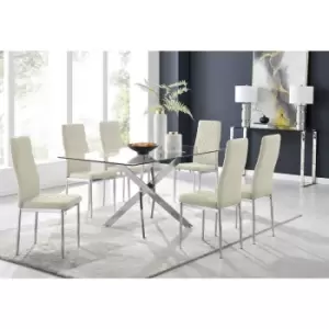 Image of Furniturebox UK - Furniturebox Leonardo 6 Chrome Leg Glass Dining Table and 6 Cream Milan Velvet Dining Chairs Diamond Stitch Modern Contemporary