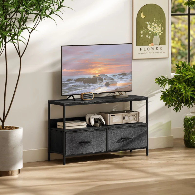 Image of HOMCOM HOMCOM TV Cabinet, TV Console Unit with 2 Foldable Linen Drawers Black One Size Unisex 5063603036406