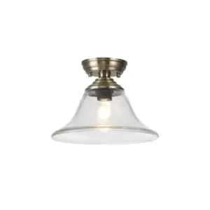 image of Dresden Flush Ceiling Lamp E27 With Smooth Bell 30cm Glass Shade Antique Brass, Clear