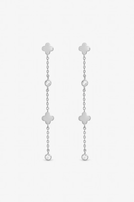 Image of Inicio Womens Sterling Silver Plated Crystal Clover Fine Long Drop Earrings Silver Female One Size
