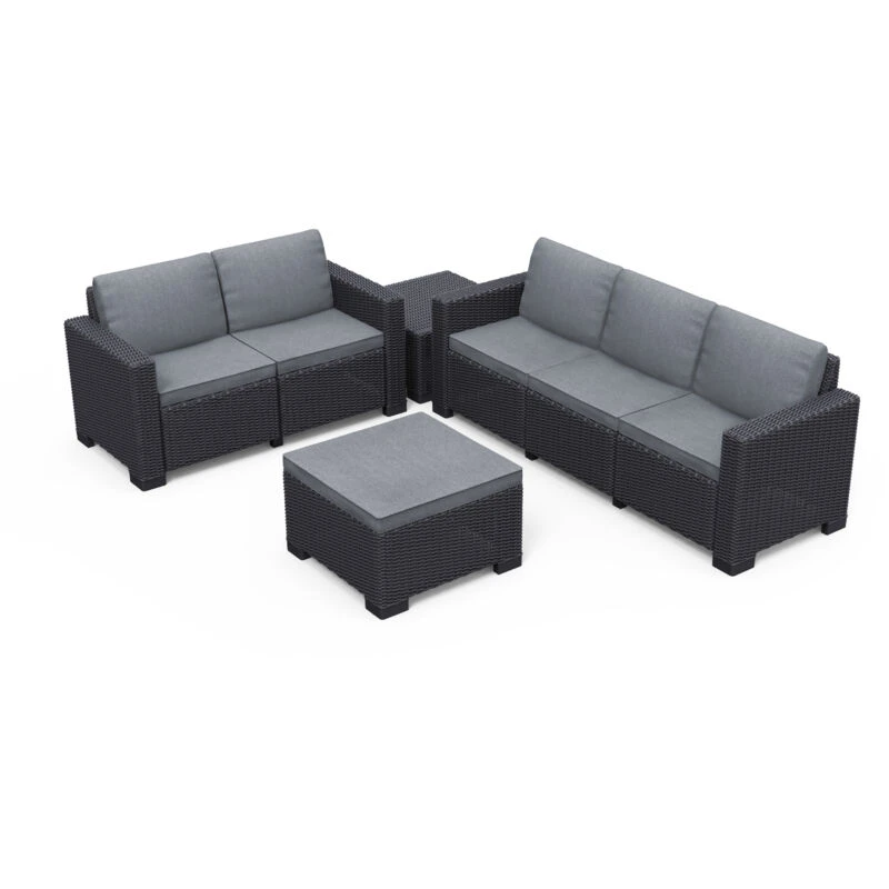 Image of Keter Keter California 5 Seater Lounge Set 2x Sofas Footstool Coffee Table Graphite 262759