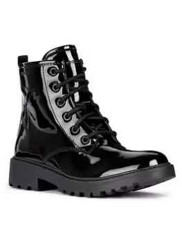 Image of Geox Girls Patent Lace Up School Boot, Black, Size 4 Older